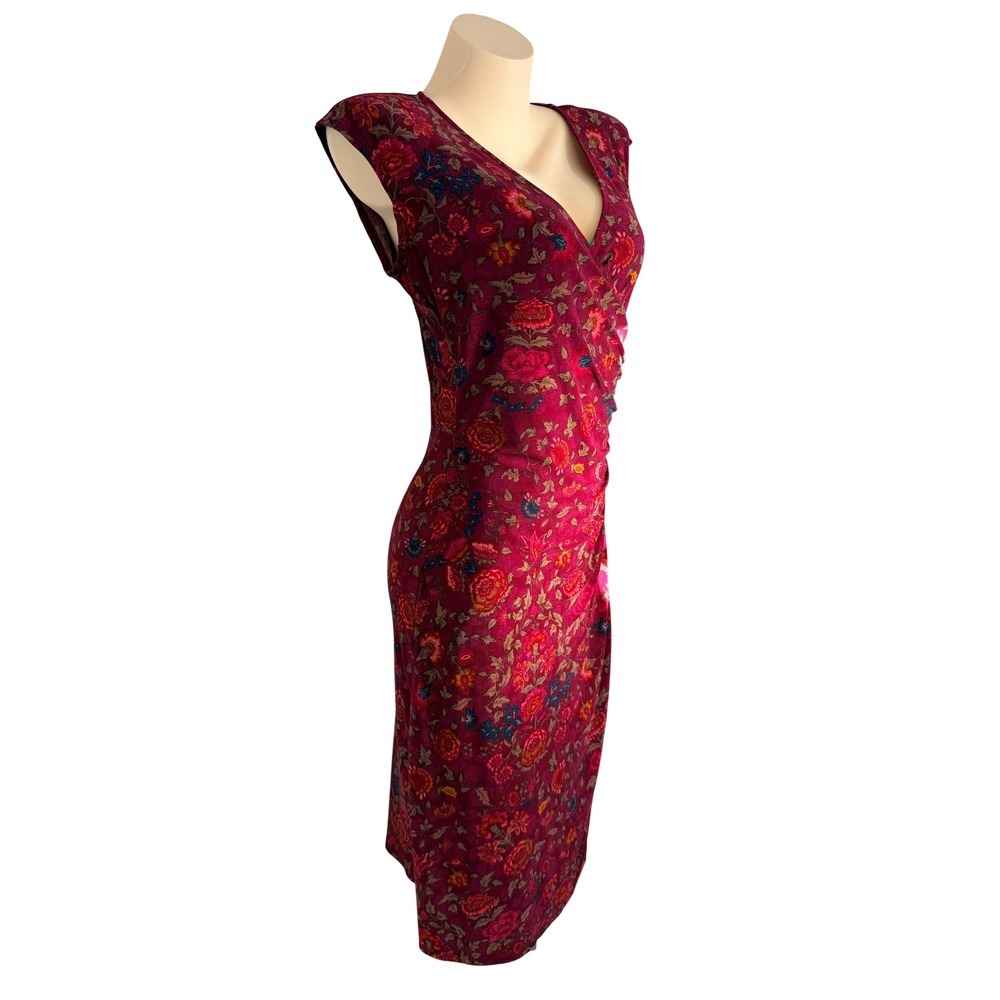 Lauren Ralph Lauren Burgundy Floral Ruched Faux Wrap Sheath Midi Dress Womens M - Picture 7 of 8